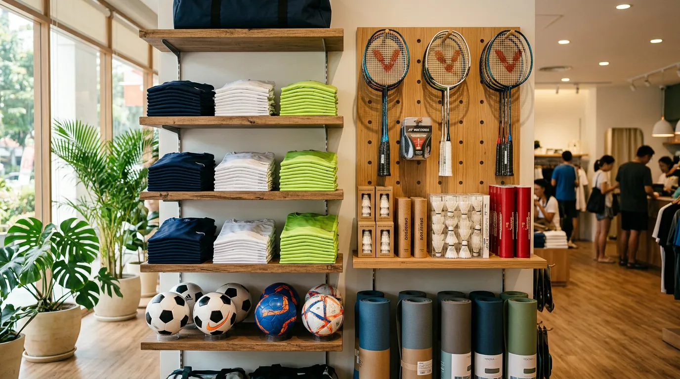GetPro Supplies showroom with t-shirts, footballs and badminton rackets